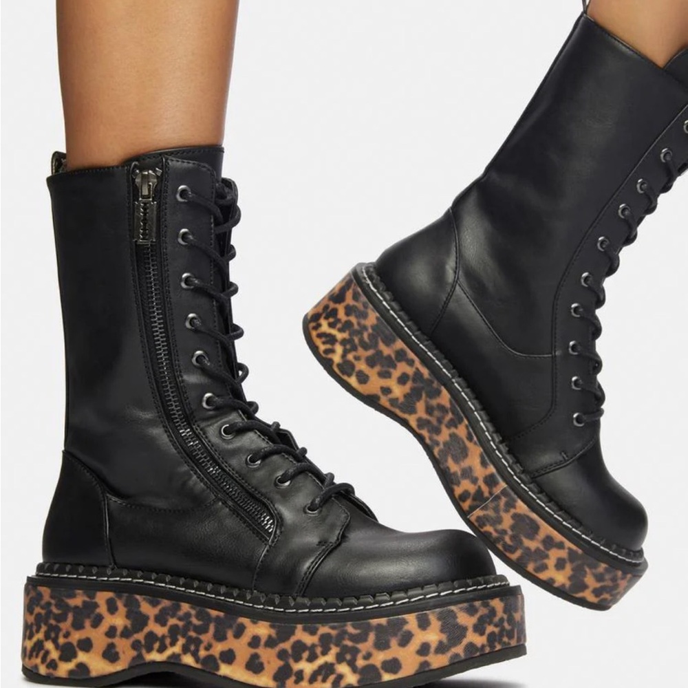 Demonia Black Platform Boots with Leopard Print Sole